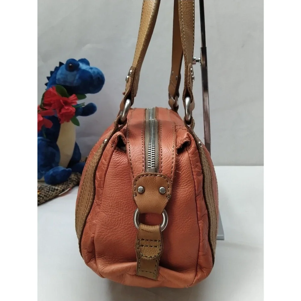 Fossil Orange Leather Floral Double Handles Zipper Closure Satchel Shoulder Bag
